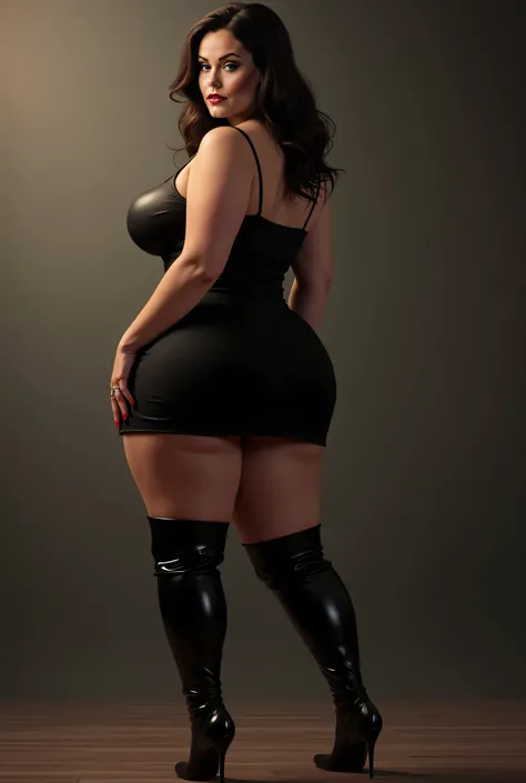 curvilinear , figure , big ass, big buttocks , big busts,,mother of my friend , who wears black outfit and boots a tight dress 