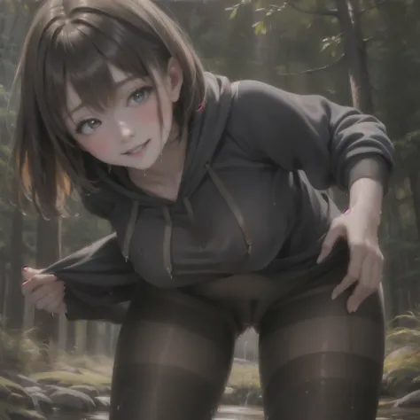 ((styled old westerner oil painting)), deep forest, (hoodie), closeup her crotch, drooping eyes, blush, shame smile, showing off her (see through wet pantyhose with her pubic hair and clitoris), standing orgasm, under the tree, big sky, very short hair, 