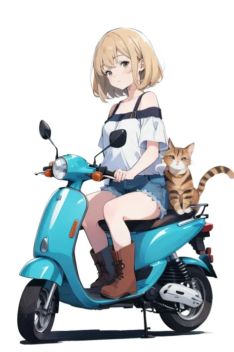 beautiful anime-style illustrations . A brown-striped cat is sleeping on a pale blue scooter seat. A blonde woman is crouching beside her scooter , Staring at the cat. The woman is wearing a green off-shoulder top , Denim shorts and brown boots....