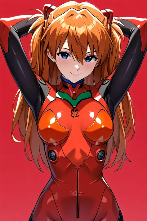 masterpiece, best quality, amazing quality,  solo, 1girl,  seductive pose, asuka langley, evangelion, orange hair, red, wearing plug suit,  body, big head, short body, brown skin,  arms raised, axila, happy, 
rogue