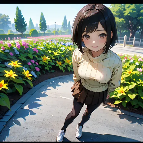 (high quality, high definition, Very detailed, reality:1.37), Peaceful atmosphere, (Outdoors, garden),  teenage girl standing alone,(My breasts are small.), Beautiful details, cute smile up to the knee, ( black haired bob),Ribbed sweater, brown skirt ,  bl...