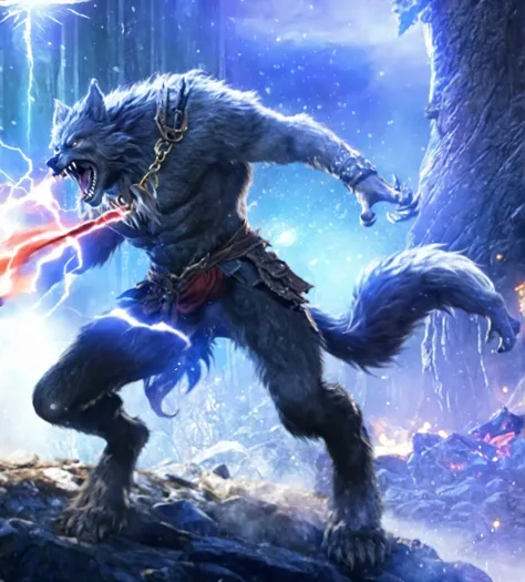 Werewolf，roar， high quality，Hair， game CG style ，Fantastic epic ，2k