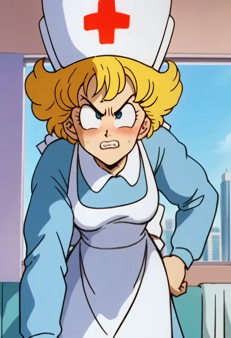 score_9, score_8_up, score_7_up, score_6_up, anime screencap, anime coloring, DBExtraGirlNur, 1girl, solo, blonde hair, short hair, blue eyes, 
nurse, nurse cap, blue dress, long sleeves, white apron,
looking at another, upset, clenched teeth, (hand on own...