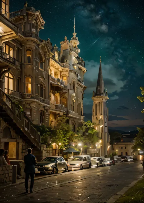 a seaside castle, classical Greek architecture, moss-covered tiles, interior lighting, a starry sky, people, green trees