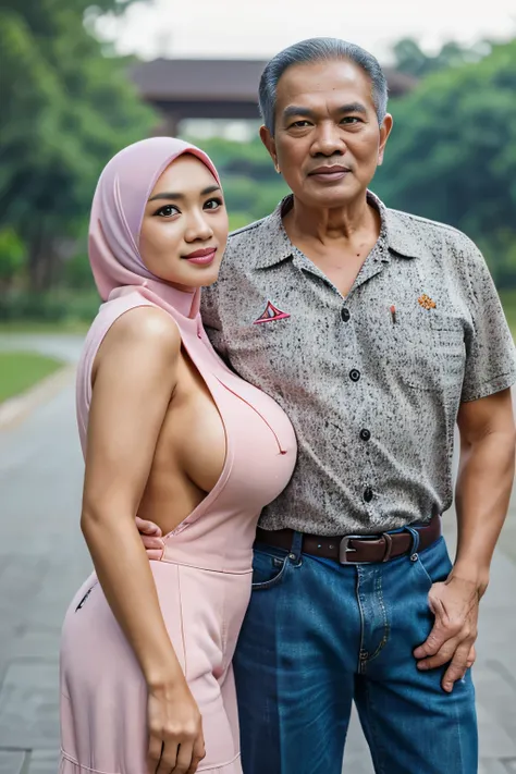 High resolution、High level image quality、high detail、masterpiece、realistic skin,、rough skitomically correct)、(two men and women standing together)、((2 Malay cute big breasted 、7 Malay male grandfather)）、((whole body_from head to foot))、one&#39;s home、Breas...