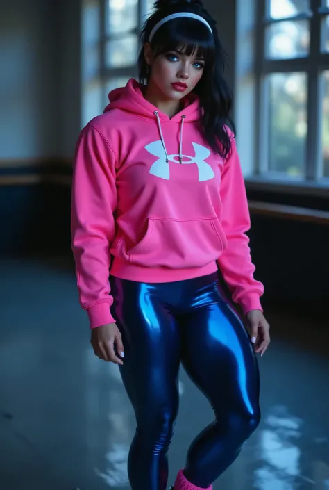 a photorealistic full body shot of beautiful woman with black hair, alabaster skin and blue eyes wearing a neon pink hoodie with a white under armour logo and shiny neon blue metallic leggings.  the woman has huge muscles that stretch her clothes to their ...