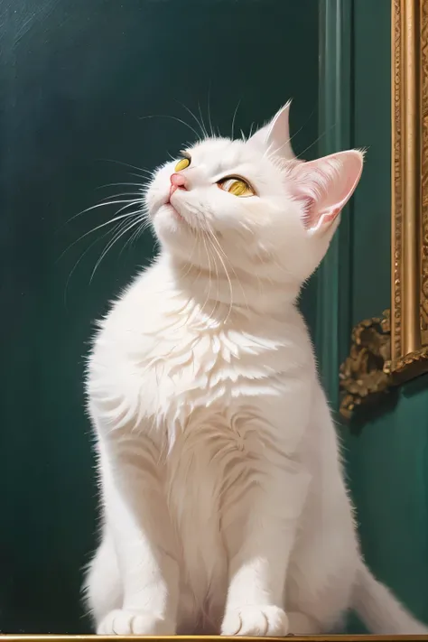 Detailed white cat oil painting、twinkling yellow eyes、Pink Ears、expression looking up to the upper left、The background is a spiritual god々Shining light