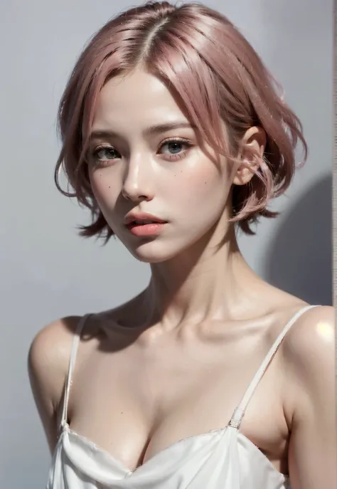 high quality,masterpiece,extremely detailed,high res,4k,ultra high res,detailed shadow,ultra realistic,realistic,dramatic lighting,1girl,solo,detailed face,realistic eyes,realistic skin,pink hair,dynamic pose, dynamic angle, white flowery dress, short hair...