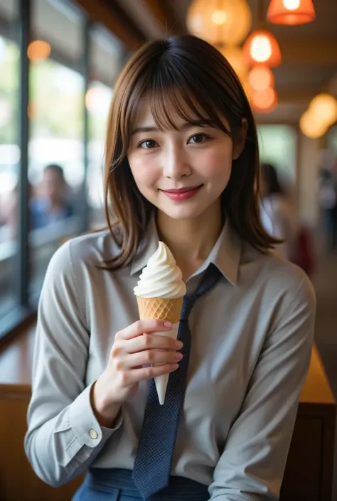 perfect configuration, proper placement in office clothes, golden ratio, masterpiece, TOP QUALITY, nothing , Japanese woman alone, Beautiful Japanese Woman with Neon Lights in the Background , at a famous chain cafe , She has a soft serve ice cre...