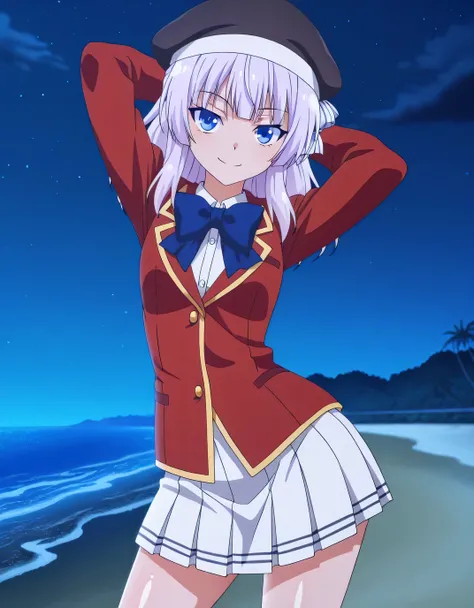 yjarisu,light purple hair, blue eyes, black headwear,
school uniform, red jacket,blue bow,white skirt, pleated skirt, anime screencap, shiny skin, solo, night sky, beach, hands behind head, ((contrapposto)), closed mouth, cowboy shot, looking at viewer, sm...