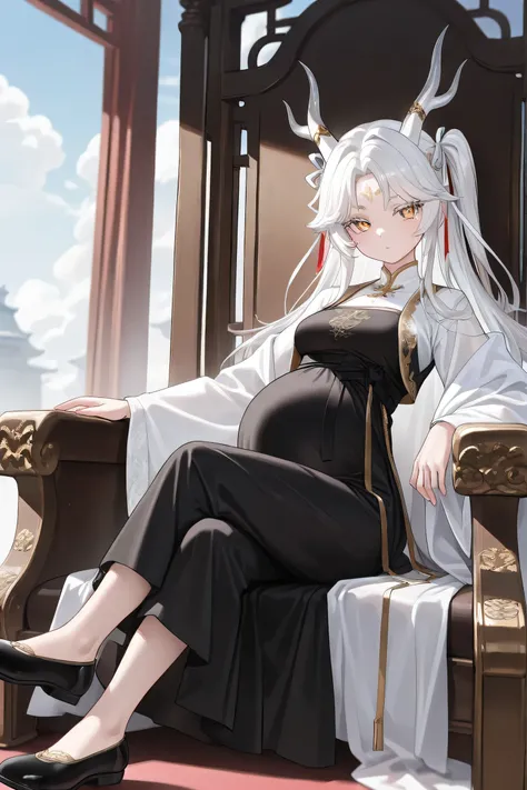 (Best quality, 4k, 8k, high resolution, masterpiece:1.2), ultra detailed, intricate details, SOLO, beautiful girl, alone, (white hair:1.5), long white hair, white eyelashes, white eyesbrows, bangs, one side of her hair adorned with a white ribbon with gold...