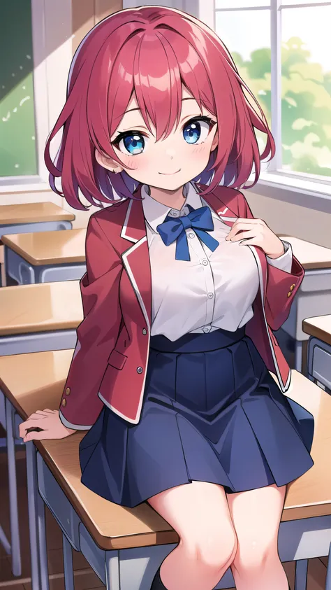 Big breasts, red hair,(petite:1.5) ,blue eyes, droopy eyes, red jacket, long sleeves, navy skirt, elementary school student, (super big breasts:1.1), (medium hair: 1), baggy clothes, elementary school student, young face, short height, , old, shy Agari, sm...