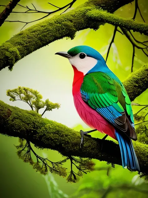 there is a bird that is sitting on a branch with moss, a pastel inspired by Charles Bird King, trending on pexels, renaissance, colorful bird with a long, beautiful detail and color, very colourful, a surrealistic bird, beautiful and graceful, beautiful co...