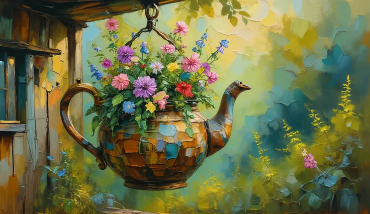 an oil painting of a hanging teapot garden by Claude Monet, ceramic teapot without its lid filled with sprawling ferns and wild flowers, a single vibrant flower growing from the spout, suspended from a plant hook on the veranda of a country home, impressio...