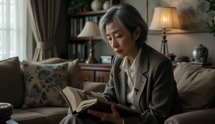 Japanese woman in her 70s wearing chic clothes looking at an album