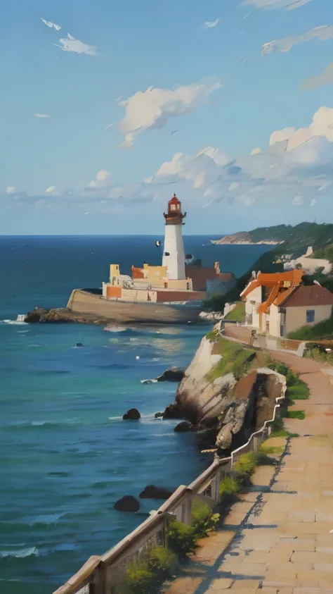 painting of a lighthouse with a path leading to it and a boat in the water, a detailed painting by Perin del Vaga, reddit, naive art, lighthouse, beautifully painted, red roofs, light house, a road leading to the lighthouse, artistic painting, beautiful pa...