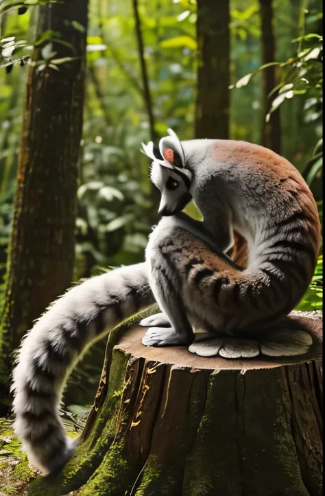 there is a lemur sitting on a tree stump in the woods, tail of a lemur, thick fluffy tail, long tail, fluffy tail, bushy tail, thick tail, tail, large tail, long tails, long elegant tail, with tail, long tail with horns, beautiful nature, tail raised, long...