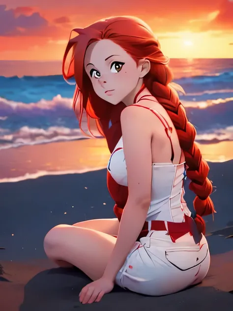 anime girl with red hair sitting on the beach at sunset, she has red hair, watching the sun set. anime, red haired goddess, beautiful anime, red hair girl, ((sunset)), red braided hair, aenami alena, with a sunset, with red hair, red haired girl, red glowi...