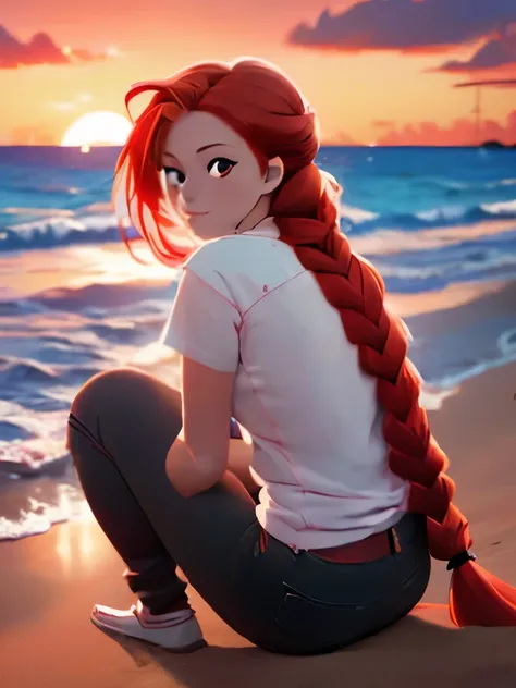 anime girl with red hair sitting on the beach at sunset, she has red hair, watching the sun set. anime, red haired goddess, beautiful anime, red hair girl, ((sunset)), red braided hair, aenami alena, with a sunset, with red hair, red haired girl, red glowi...