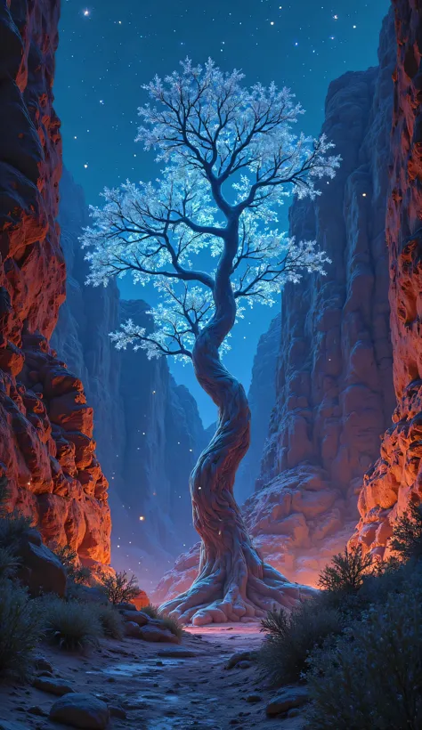 photorealistic breathtaking vast canyon landscape, colossal ancient bioluminescent tree growing from the canyon floor, towering red rock walls illuminated by the tree's soft blue glow, glowing roots spreading across the canyon walls, fireflies enhancing th...