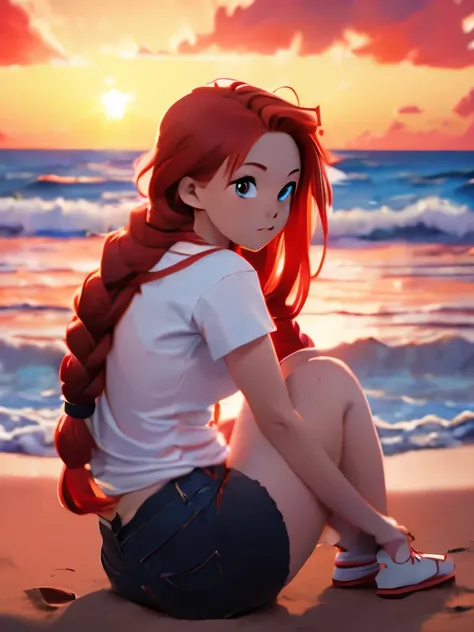 anime girl with red hair sitting on the beach at sunset, she has red hair, watching the sun set. anime, red haired goddess, beautiful anime, red hair girl, ((sunset)), red braided hair, aenami alena, with a sunset, with red hair, red haired girl, red glowi...