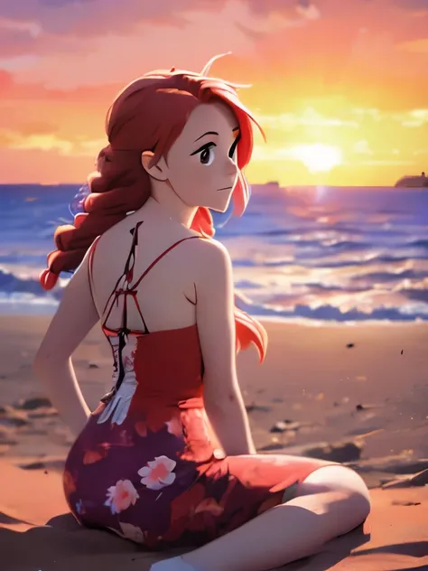 anime girl with red hair sitting on the beach at sunset, an anime drawing by Alena Aenami, trending on pixiv, renaissance, she has red hair, watching the sun set. anime, red haired goddess, beautiful anime, ((sunset)), red hair girl, red braided hair, aena...