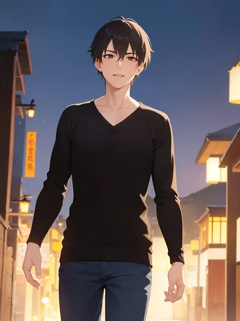 (at night:1.5),masterpiece, best quality, Japanese manga style, upper body, walking, (25 year old male: 1.5) and (short brown hair) and (green eyes), BREAK (balck) and (V-neck cable knit sweater) BREAK sirious, open mouth, sky, alone,
