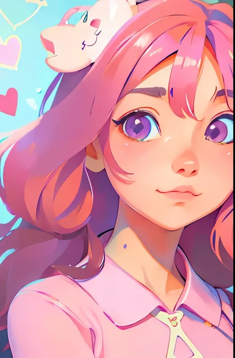 anime girl with heart shaped hair and pink blouse, an anime drawing inspired by loish, pixiv, fantasy art, kawaii realistic portrait, pink girl, cute kawaii girl, cute anime girl, anime girl, cute art style, cute detailed digital art, soft anime illustrati...