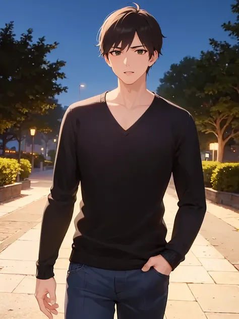 (at night:1.5),masterpiece, best quality, Japanese manga style, upper body, walking, (25 year old male: 1.5) and (short brown hair) and (green eyes), BREAK (balck) and (V-neck cable knit sweater) BREAK sirious, open mouth, in the park, alone,
