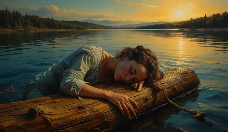 an oil painting of a young woman succumbing to exhaustion on a wooden log by a lake,  in the style of Edward Hopper, contrasting warm and cool tones, face relaxed in deep slumber, dramatic side lighting creating stark shadows, solitary melancholic atmosphe...