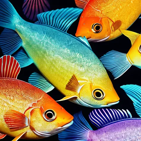 three fish with orange eyes are swimming in the water, a stipple by Dave Melvin, pexels, fantastic realism, exotic fish, jewel fishes, colorful fish, closeup!!!!!!, beautiful!!!!!!!!!!!!, fishes, tropical fish, beautiful!!!!!!!!!, close-up!!!!!!, high deta...