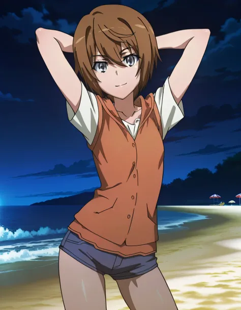 Kinuhata Saiai,
short hair, brown hair, hair between eyes, grey eyes,
collarbone, orange hoodie, sleeveless hoodie, hood down, white shirt, short sleeves, small breasts, denim shorts, short shorts, bare legs, anime screencap, shiny skin, solo, night sky, b...