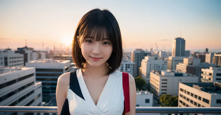 (Highest quality,masterpiece:1.3,Ultra High Definition),(Super Detail,Caustics,8k), (photorealistic:1.4, RAW shooting),sunset,Office rooftop, Japanese,20 years old,cute,(smile),staring at the camera,black hair short,white dress,bust up shot,high angle,High...