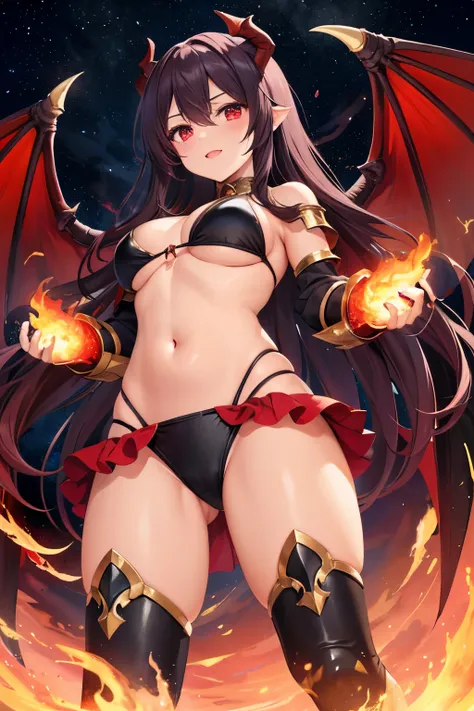 Highest Image、Highest quality、Picture 1 from below:1、(  thighs:1.5)、 A dragon girl dances down in flames from above、bikini armor、 wear armor 、( red eyes)、 dragon girl  、 Dragon Wings、 dragon horn、 Brave Face 、  Demon World 、 underworld、Wearing an Aura of D...