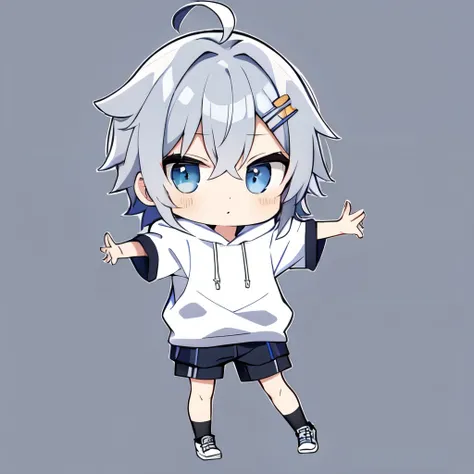 chibi, hair, wearing a hoodie , full body, expressionless , simple background, dancing
1 boy , alone, blue eyes, happy,Gray hair, 長い hair, 前hair, hair_ ornament , is puffy _ sleeve, shirt, short_ sleeve,巻きhair,Belligerent