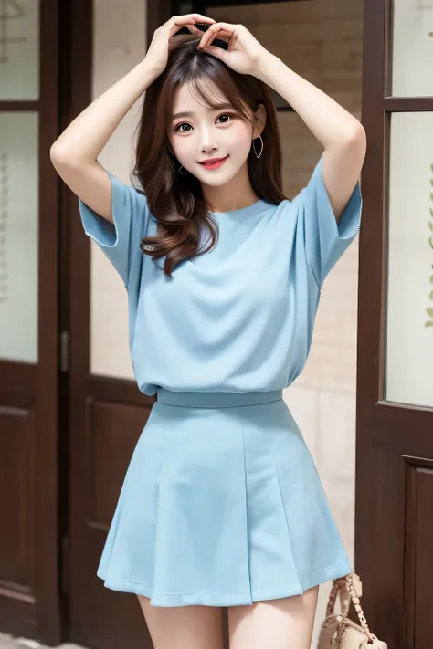 ２０generation　woman　Light blue outfit　 skirt　Cute pose