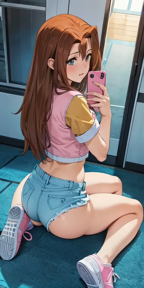     1 female, high definition,dementia,        ultra-realistic        ,8K, serenidaddm    ,     long hair,   Brown hair,         pink shirt    ,  blue shorts,     gray eyes, city,     blue sneakers    ,  big breasts,European,sexy,  foreground of the upper ...