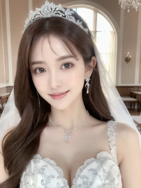 clear, beautiful, Beauty、(highest quality、Tabletop、8K、Best image quality, Award-winning works)、One beautiful bride、(alone:1.1)、(The most extravagant and gorgeous huge wedding dresses:1.1)、(Perfect Wedding Lace:1.2)、(The most extravagant and luxurious giant...