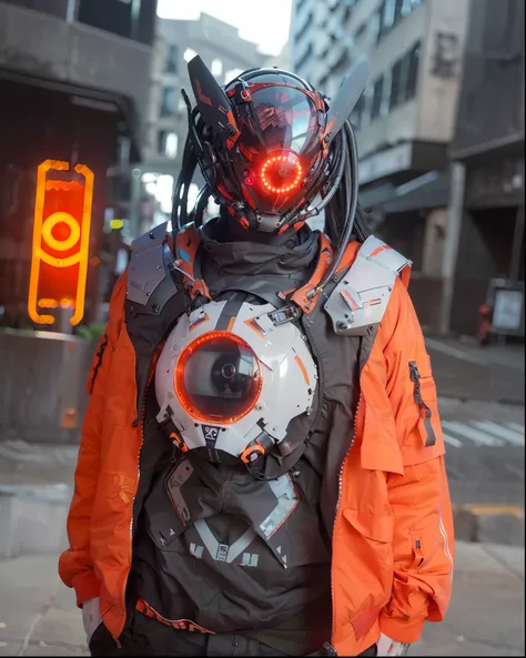 (original: 1.2), masterpiece, best quality, a close up of a futuristic looking cyborg man with  a white cyberhelmet head with dreadlocks and red circle led and a metal design on it and a Holographic halo, wearing a orange techwear jacket, on the street 