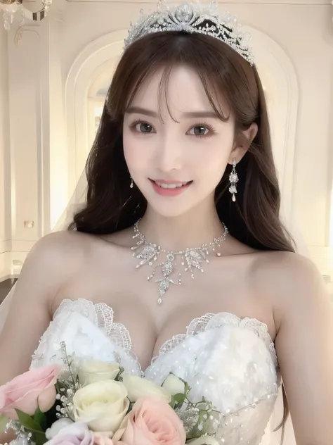 clear, beautiful, Beauty、(highest quality、Tabletop、8K、Best image quality, Award-winning works)、One beautiful bride、(alone:1.1)、(The most extravagant and gorgeous huge wedding dresses:1.1)、(Perfect Wedding Lace:1.2)、(The most extravagant and luxurious giant...