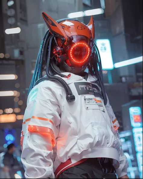 (original: 1.2), masterpiece, best quality, a close up of a futuristic looking cyborg man with  a white cyberhelmet head with dreadlocks and red circle led and a metal design on it and a Holographic halo, wearing a orange techwear jacket, on the street 