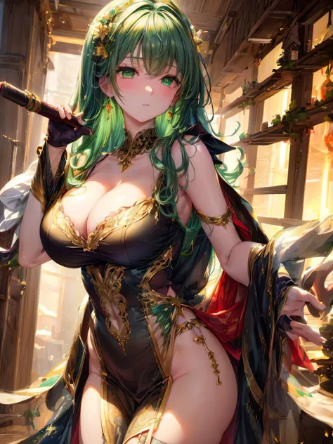 art by Cornflower,( masterpiece),(最high quality:1.2),(perfect anatomy),(1 girl),Beautiful detailed green eye,Beautiful green hair,( high-definition and elegant ),Classic Style,Wide range of colors,Brush strokes,鮮やかなTexture, detailed skin, Add a dramatic an...