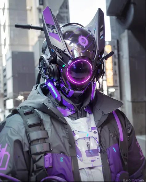 (original: 1.2), masterpiece, best quality, a close up of a futuristic looking cyborg man with  a black cyberhelmet head with white hair and purple circle led and a metal design on it and a Holographic halo, wearing a black and purple techwear jacket, on t...