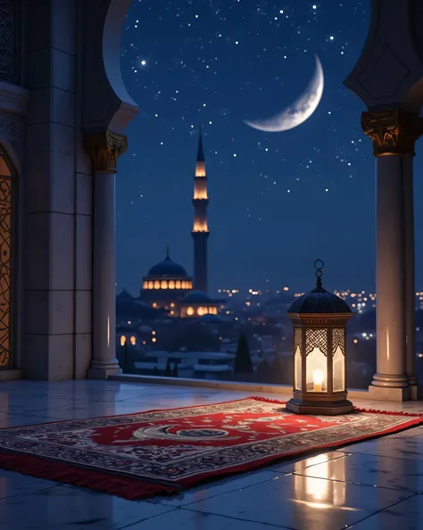 "Sakin ve sembolik bir gece sahnesi, Vitr namazını temsil ediyor, the concluding part of nightly worship.  ön planda , an elegant prayer mat with intricate Islamic patterns is spread on a polished marble floor, illuminated by the soft glow of a nearby lant...