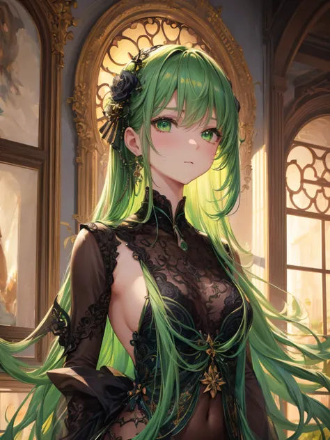 art by Cornflower,( masterpiece),(最high quality:1.2),(perfect anatomy),(1 girl),Beautiful detailed green eye,Beautiful green hair,( high-definition and elegant ),Classic Style,Wide range of colors,Brush strokes,鮮やかなTexture, detailed skin, Add a dramatic an...