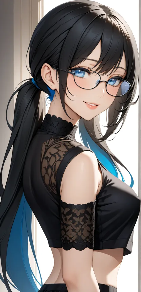 Close up, Random Sexy pose , ((Ultra detailing)), ((elegant mature women)), ((very aesthetic, best quality, ultra detailed)), intricate details, 1girl, ((long hair, Black hair, low ponytail, blue inner hair)), ((Multi colour eyes)), ((Detailed eyes)), ((Be...