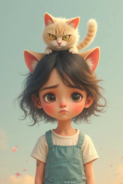 grumpy girl with cat abover her head, light colors used for the color palette, portrait shot. ai effect