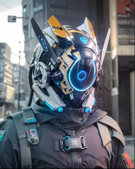 (original: 1.2), masterpiece, best quality, a close up of a futuristic looking cyborg man with a black and gold cyberhelmet head with white hair and blue circle led and a metal design on it and a Holographic halo, wearing a black and white and gold and blu...