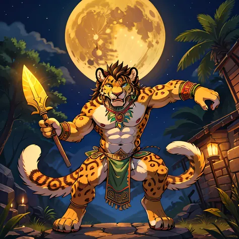 Jaguar y shaped, man, Aztec, with primitive loincloths,  hairy body, hairy chest, barefoot , Furry green loincloth , honey-colored fur ,hair on the head black , with a white tuft in the hair , green loincloth  , green bracelets , roaring , innocent , Afric...