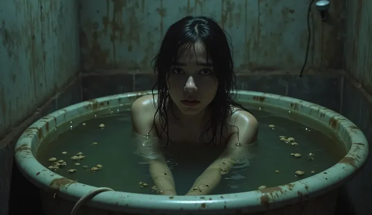 A dark image of a young woman bathing in a basin of dirty water 